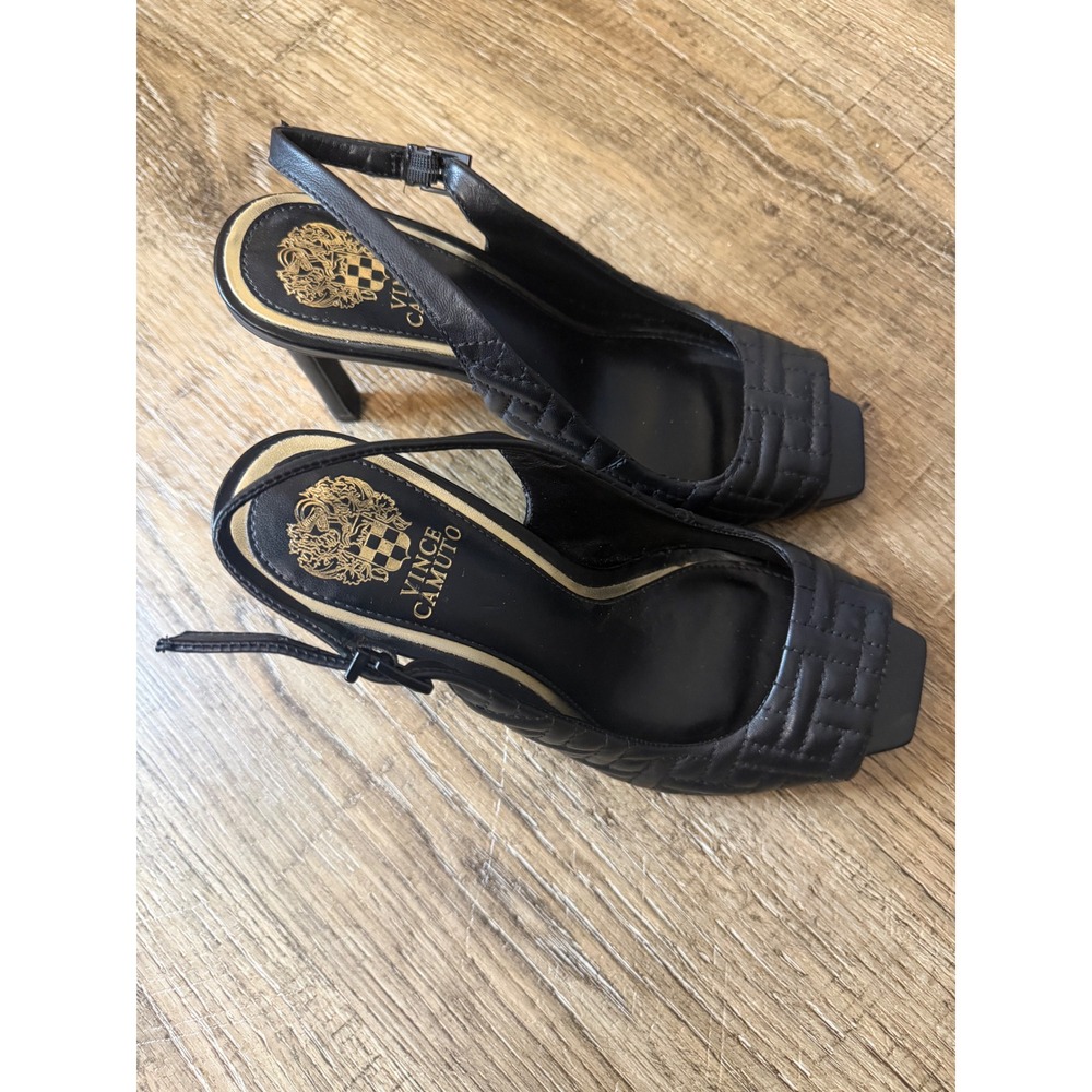 Vince Camuto Black Quilted Leather Slingback Heels Square Toe Sandals Size 7.5M